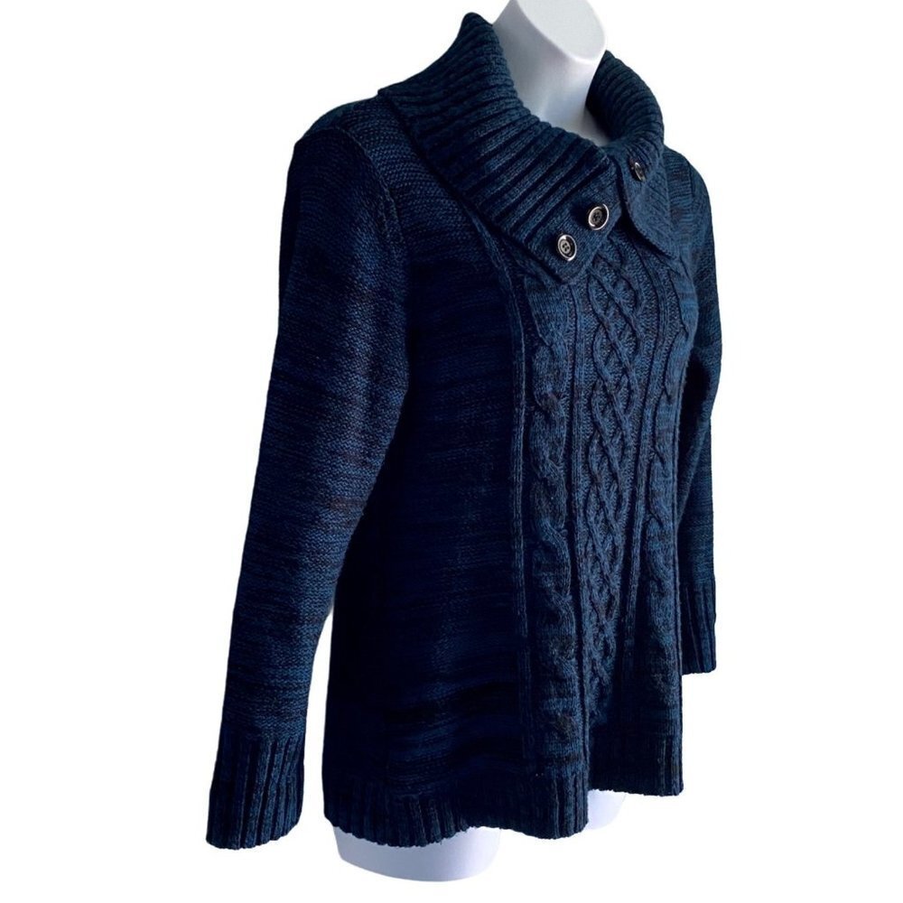 Karen Scott Navy Pull Over Cable Knit Sweater Button Collar Women's Medium - Picture 4 of 9